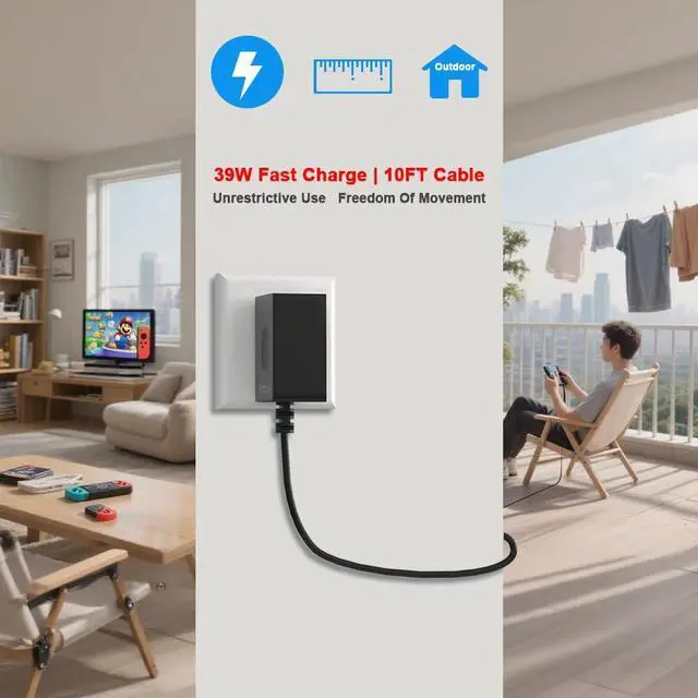 Alt view image 2 of 7 - 39W Charger for Nintendo Switch - 15V 2.6A with 10FT USB C Cable - Compatible with Switch Lite/OLED, Supports TV Mode and Dock Station