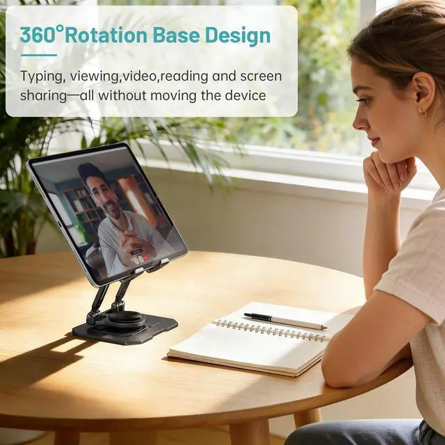 Alt view image 2 of 7 - iPad Stand Tablet Holder for Desk,360° Rotation Metal Base Dual Rod Adjustable Height Holder,Compatible with 4.7-15.9" iPad Pro/Air/Mini,eReader,LG Pads,Nexus,Switch,iPhone Pro/Max/Air/Plus