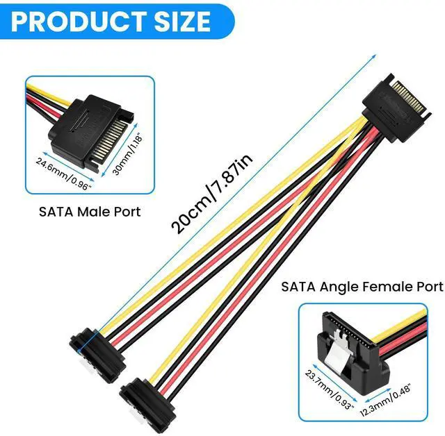 Alt view image 2 of 7 - 15 Pin SATA Power Splitter Adapter Cable Male to Dual Female 90-Degree Angle with Locking Latch Power Extension Cable (Copper/20cm Length) - 2 Pack