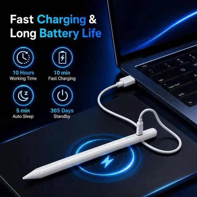 Alt view image 3 of 7 - Pen for iPad (2018-2026) - 10 Min Fast Charge, Auto Sleep, Tilt Sensitivity, Palm Rejection, Active Pencil for iPad 11/10/9/8/7/6th Gen, Pro 13"/12.9"/11", Air 6/5/4/3, Mini 7/6/5th (White)