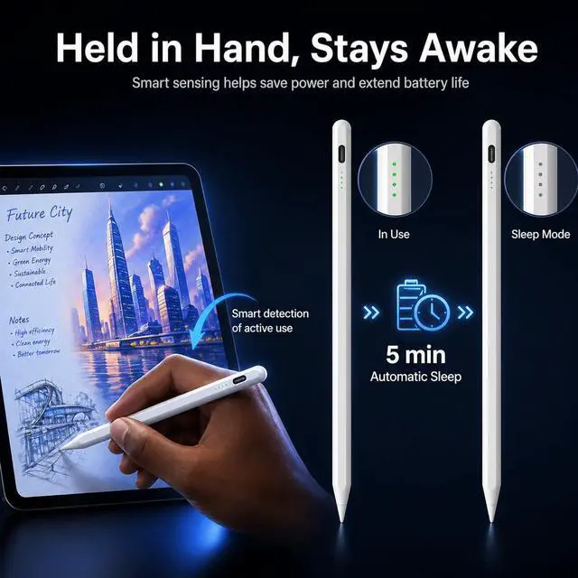Alt view image 4 of 7 - Pen for iPad (2018-2026) - 10 Min Fast Charge, Auto Sleep, Tilt Sensitivity, Palm Rejection, Active Pencil for iPad 11/10/9/8/7/6th Gen, Pro 13"/12.9"/11", Air 6/5/4/3, Mini 7/6/5th (White)