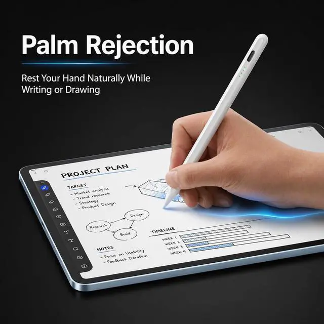 Alt view image 6 of 7 - Pen for iPad (2018-2026) - 10 Min Fast Charge, Auto Sleep, Tilt Sensitivity, Palm Rejection, Active Pencil for iPad 11/10/9/8/7/6th Gen, Pro 13"/12.9"/11", Air 6/5/4/3, Mini 7/6/5th (White)