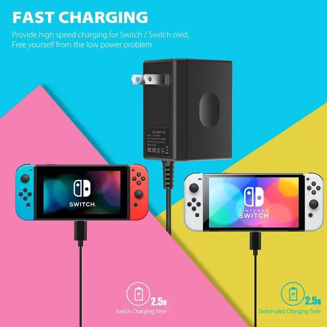 Alt view image 6 of 6 - 45W Charger for Nintendo Switch, Charger AC Adapter Power Supply 15V 3A Fast Charging Kit Compatible with Switch OLED/Dock and Pro Controller (Support TV Mode),Black