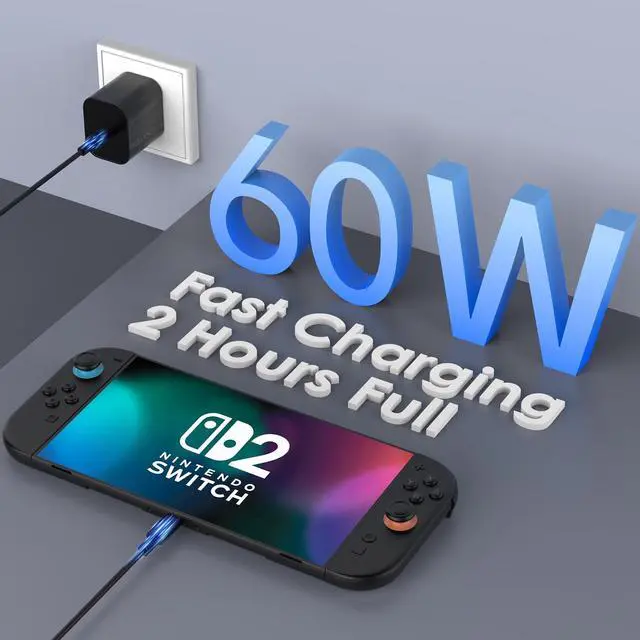 Alt view image 2 of 7 - 60W Charger for Nintendo Switch 2, Fast Charging USB C Cable for Switch 2 Accessories, AC Adapter with 5FT Cable Compatible with Nintendo 2,Lite,OLED,Steam Deck - Support TV Mode