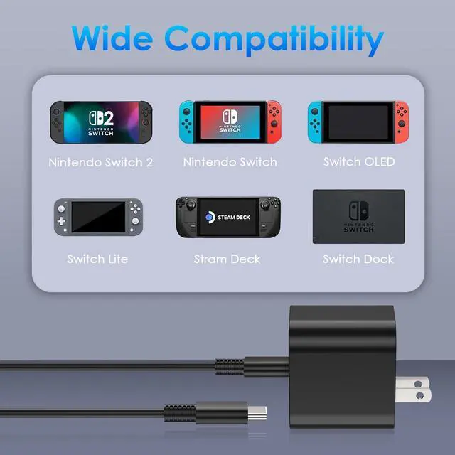 Alt view image 7 of 7 - 60W Charger for Nintendo Switch 2, Fast Charging USB C Cable for Switch 2 Accessories, AC Adapter with 5FT Cable Compatible with Nintendo 2,Lite,OLED,Steam Deck - Support TV Mode