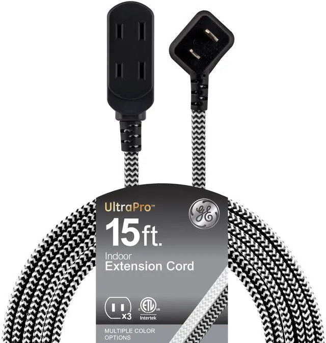 Main image of Indoor Flat Plug Extensin Crd 15 Ft, 3-Outlet Braided Extension ord with Multiple Outlets, Long xtnsion Cord with Safety Slide, 2 Prong Right Angled Plug Gray/White Power Crd ETL Listed 81591