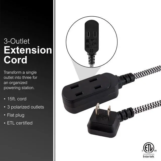 Alt view image 2 of 6 - Indoor Flat Plug Extensin Crd 15 Ft, 3-Outlet Braided Extension ord with Multiple Outlets, Long xtnsion Cord with Safety Slide, 2 Prong Right Angled Plug Gray/White Power Crd ETL Listed 81591