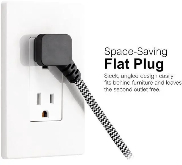 Alt view image 3 of 6 - Indoor Flat Plug Extensin Crd 15 Ft, 3-Outlet Braided Extension ord with Multiple Outlets, Long xtnsion Cord with Safety Slide, 2 Prong Right Angled Plug Gray/White Power Crd ETL Listed 81591