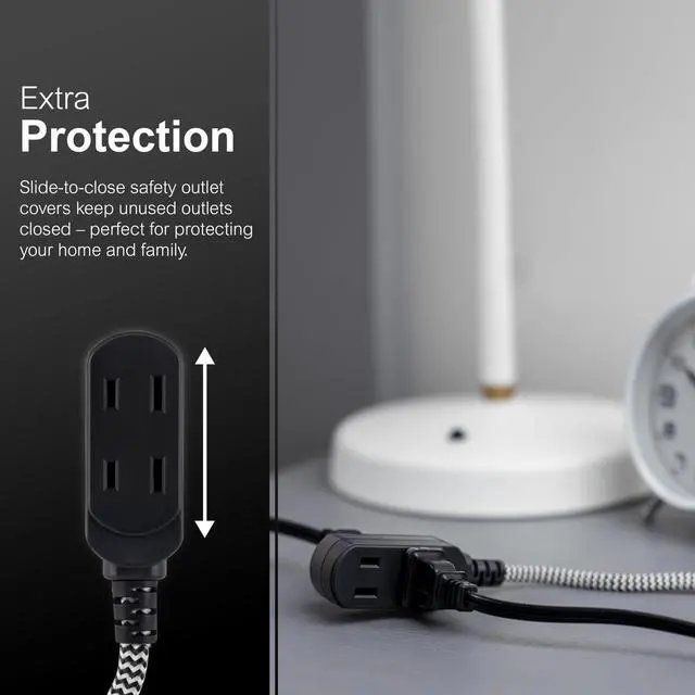 Alt view image 4 of 6 - Indoor Flat Plug Extensin Crd 15 Ft, 3-Outlet Braided Extension ord with Multiple Outlets, Long xtnsion Cord with Safety Slide, 2 Prong Right Angled Plug Gray/White Power Crd ETL Listed 81591