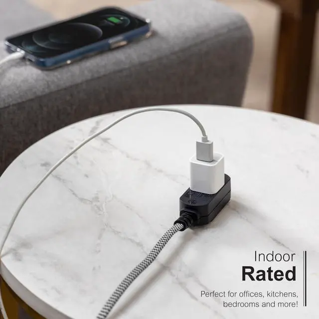 Alt view image 5 of 6 - Indoor Flat Plug Extensin Crd 15 Ft, 3-Outlet Braided Extension ord with Multiple Outlets, Long xtnsion Cord with Safety Slide, 2 Prong Right Angled Plug Gray/White Power Crd ETL Listed 81591
