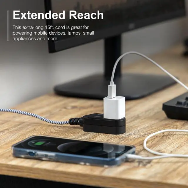 Alt view image 6 of 6 - Indoor Flat Plug Extensin Crd 15 Ft, 3-Outlet Braided Extension ord with Multiple Outlets, Long xtnsion Cord with Safety Slide, 2 Prong Right Angled Plug Gray/White Power Crd ETL Listed 81591