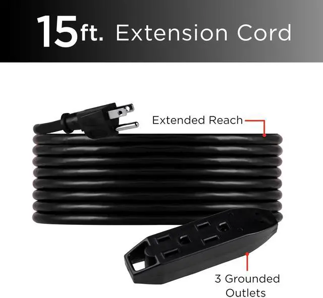 Alt view image 2 of 7 - 15 Ft Indoor Extension Cord 3 Outlet Power Strip Long Extension Cord with Multiple Outlets Grounded Heavy Duty 16 Gauge ETL Listed Black 50786