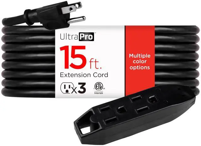 Main image of 15 Ft Indoor Extension Cord 3 Outlet Power Strip Long Extension Cord with Multiple Outlets Grounded Heavy Duty 16 Gauge ETL Listed Black 50786