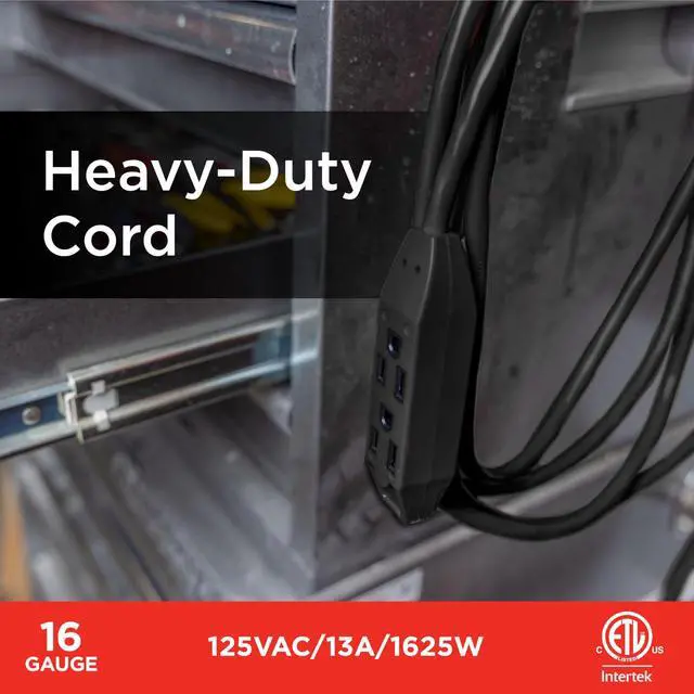 Alt view image 3 of 7 - 15 Ft Indoor Extension Cord 3 Outlet Power Strip Long Extension Cord with Multiple Outlets Grounded Heavy Duty 16 Gauge ETL Listed Black 50786