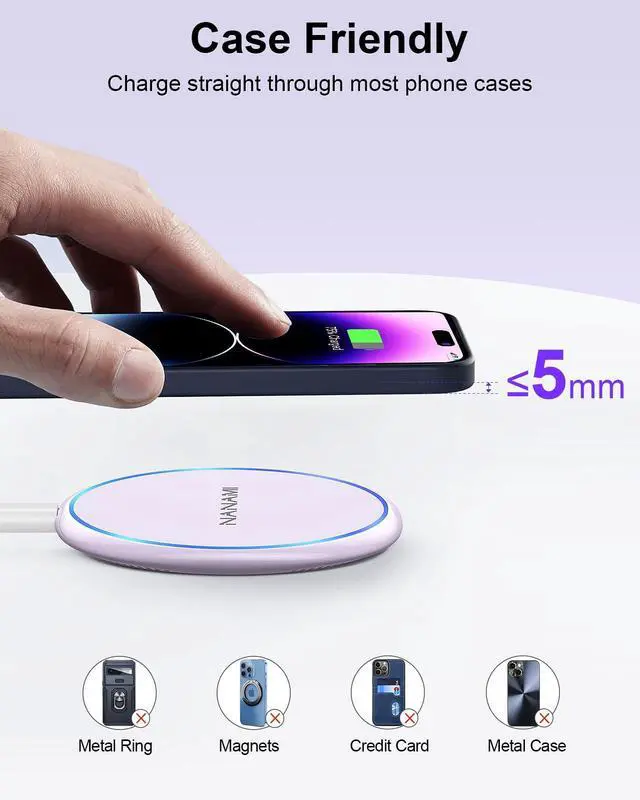 Alt view image 5 of 7 - 10W Max Wireless Charger Pad, Fast Charging Compatible with iPhone 17/16/15/14/13/12/11/SE Series, Samsung Galaxy S26/S25/S24/S23/S22/S21/S20, AirPods 2/3 - Adapter Required (Sold Separately)