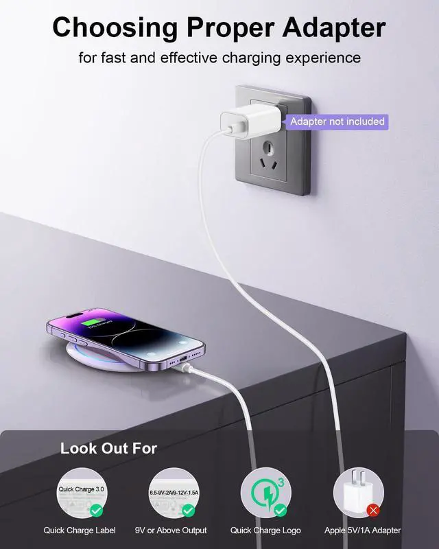 Alt view image 7 of 7 - 10W Max Wireless Charger Pad, Fast Charging Compatible with iPhone 17/16/15/14/13/12/11/SE Series, Samsung Galaxy S26/S25/S24/S23/S22/S21/S20, AirPods 2/3 - Adapter Required (Sold Separately)