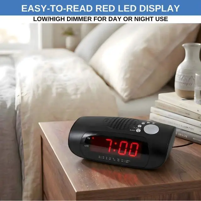 Alt view image 2 of 6 - Digital Alarm Clock Radio for Bedroom with AM/FM Radio, USB Charging Port for Phone, Red LED Display, Wake to Radio or Buzzer, Snooze, Sleep Timer, AUX Input, Battery Backup