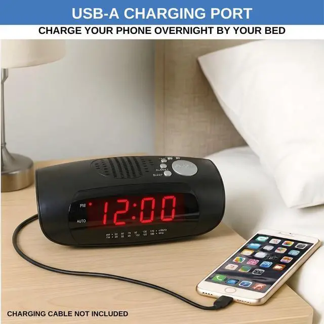Alt view image 3 of 6 - Digital Alarm Clock Radio for Bedroom with AM/FM Radio, USB Charging Port for Phone, Red LED Display, Wake to Radio or Buzzer, Snooze, Sleep Timer, AUX Input, Battery Backup
