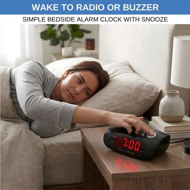 Alt view image 4 of 6 - Digital Alarm Clock Radio for Bedroom with AM/FM Radio, USB Charging Port for Phone, Red LED Display, Wake to Radio or Buzzer, Snooze, Sleep Timer, AUX Input, Battery Backup