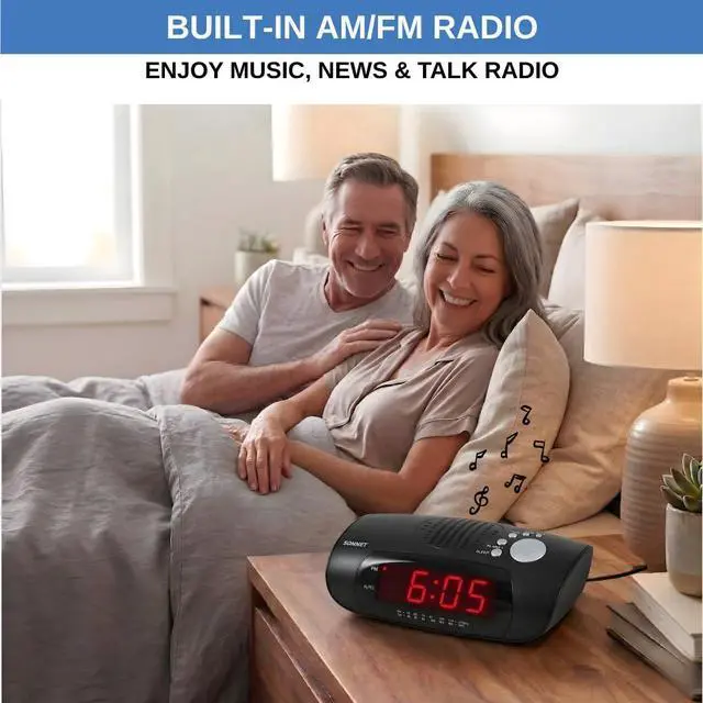 Alt view image 5 of 6 - Digital Alarm Clock Radio for Bedroom with AM/FM Radio, USB Charging Port for Phone, Red LED Display, Wake to Radio or Buzzer, Snooze, Sleep Timer, AUX Input, Battery Backup
