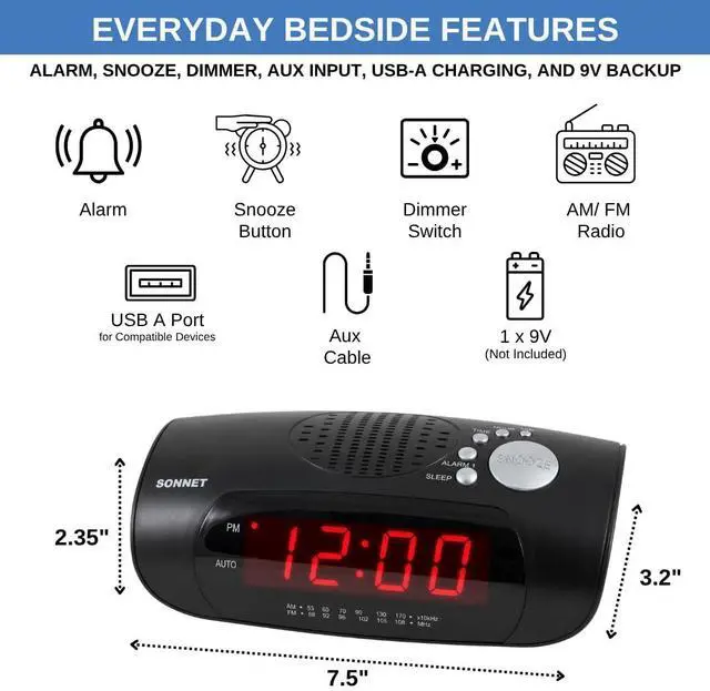 Alt view image 6 of 6 - Digital Alarm Clock Radio for Bedroom with AM/FM Radio, USB Charging Port for Phone, Red LED Display, Wake to Radio or Buzzer, Snooze, Sleep Timer, AUX Input, Battery Backup
