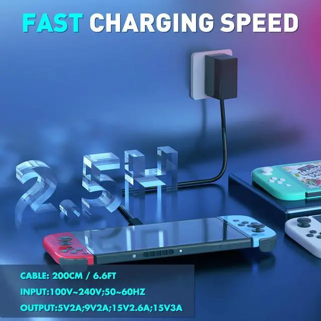 Alt view image 6 of 6 - Charger for Nintendo Switch, Fast Charger with 6.6FT Charging Cable, AC Power Supply Adapter for Nintendo Switch OLED/LITE Steam Deck Charger, Support Switch TV Dock Mode Output 15V2.6A USB C Chargers