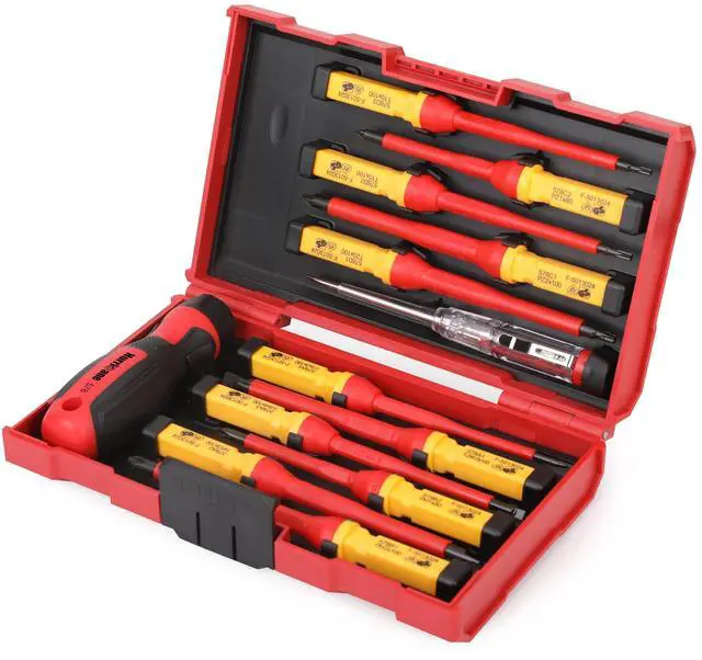 Main image of 13 Piece 1000V Insulated Electrician Screwdriver Set, Cr-V Magnetic Tip. 4 slotted, 2 Phillips, 2 Pozidriv, 3 Torx, 1 Electroprobe, and 1 handle. Ideal for Professional & Home Repair