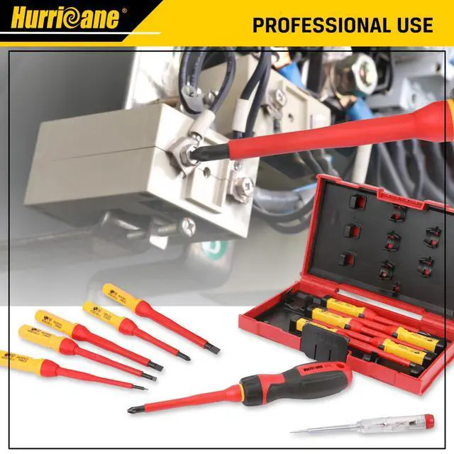 Alt view image 6 of 7 - 13 Piece 1000V Insulated Electrician Screwdriver Set, Cr-V Magnetic Tip. 4 slotted, 2 Phillips, 2 Pozidriv, 3 Torx, 1 Electroprobe, and 1 handle. Ideal for Professional & Home Repair