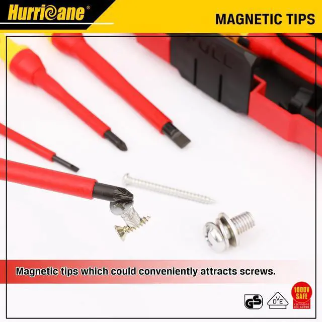 Alt view image 5 of 7 - 13 Piece 1000V Insulated Electrician Screwdriver Set, Cr-V Magnetic Tip. 4 slotted, 2 Phillips, 2 Pozidriv, 3 Torx, 1 Electroprobe, and 1 handle. Ideal for Professional & Home Repair