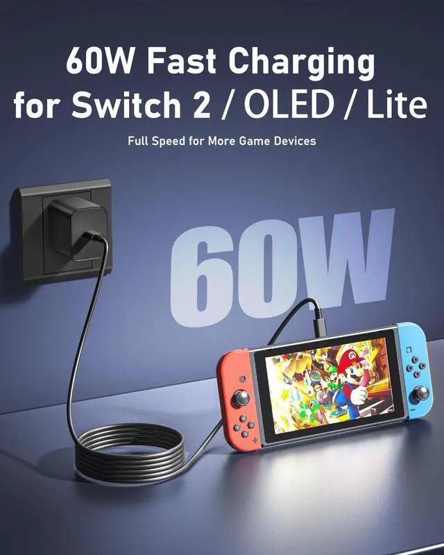 Alt view image 2 of 7 - 60W USB-C Charger for Steam Deck/Steam Deck OLED, Switch 2/Switch OLED/Switch Lite, with 4.9FT(1.5M) Cable, Supports 4K TV Mode, PD 3.0 Fast Charger for Handheld Console, Premium Quality