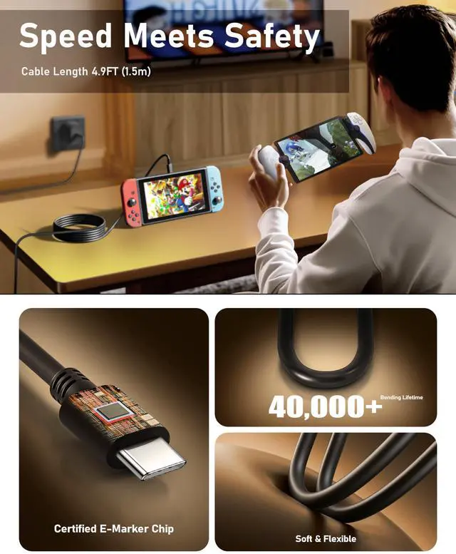 Alt view image 7 of 7 - 60W USB-C Charger for Steam Deck/Steam Deck OLED, Switch 2/Switch OLED/Switch Lite, with 4.9FT(1.5M) Cable, Supports 4K TV Mode, PD 3.0 Fast Charger for Handheld Console, Premium Quality