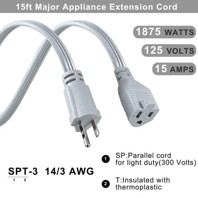 Alt view image 2 of 7 - Appliance Power Extension Cord - Heavy Duty 14/3 AWG Parallel 3 Prong Low Profile Flat Cable US Plug Male to Female Extender Grounded Wire for AC Unit, Air Conditioner, Refrigerator (15 ft)