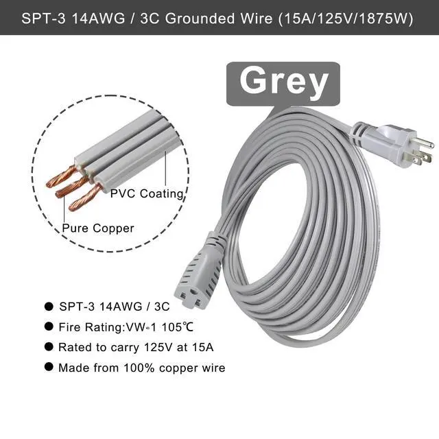 Alt view image 3 of 7 - Appliance Power Extension Cord - Heavy Duty 14/3 AWG Parallel 3 Prong Low Profile Flat Cable US Plug Male to Female Extender Grounded Wire for AC Unit, Air Conditioner, Refrigerator (15 ft)