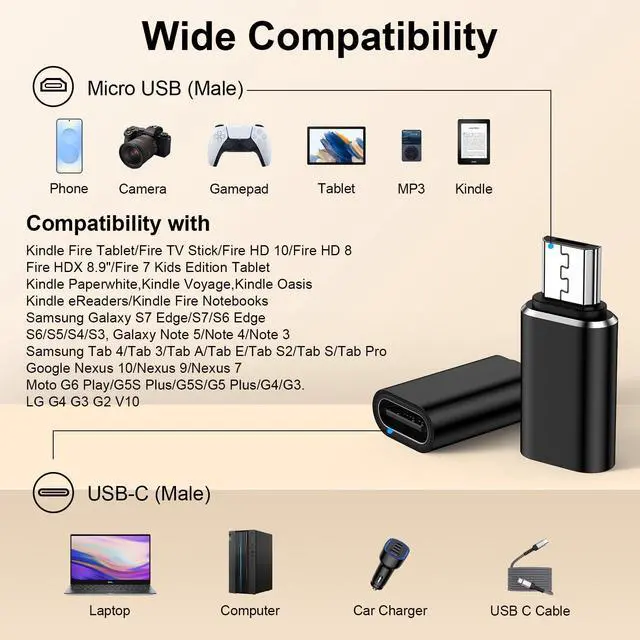 Alt view image 6 of 7 - Micro USB to USB C Adapter, 4Pack Type C Female to Micro USB Male Convert Connector Support Charge and Data Sync for Samsung Galaxy S7/S7 Edge/S6/J7/J3,Nexus 5 6,Old Kindle,PS4 and Micro USB Devices