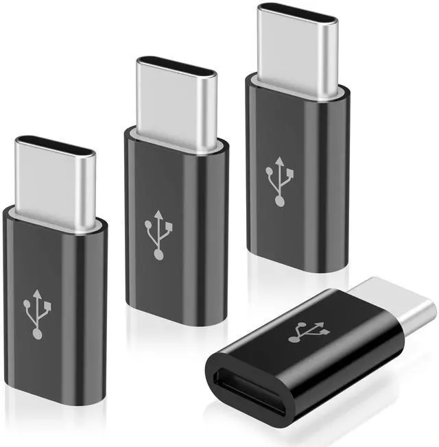 Main image of 4 Pack Micro USB to USB C Adapter, Micro-USB Female to USB-C Male OTG Adapter Compatible with Samsung Galaxy S10 S9 S8 Plus Note 9 8, MacBook, LG V30 G5 G6, Moto Z2 Play Type-C Phones, Tablets (Black)