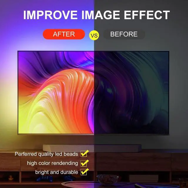 Alt view image 3 of 7 - 9.84ft Smart RGB LED TV Backlight Strip for 32-45 Inch TVs, Music Sync Bluetooth App & Remote Control, USB-Powered LED Lights for Bedroom, Gaming, Home Theater