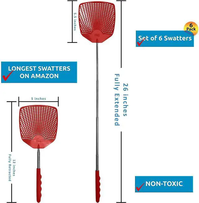 Alt view image 2 of 7 - Bug & Fly Swatter Retractable Metal Handle 6 Pack Fly Swatters Indoor/Outdoor flyswatter