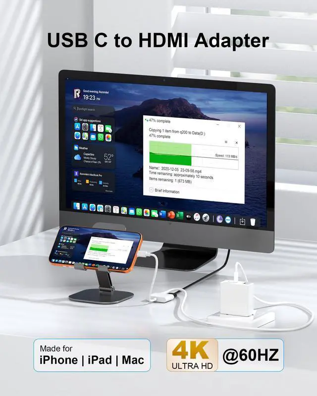 Alt view image 2 of 7 - USB C to HDMI Adapter for TV, USBC to HDMI Adapter 4K@60Hz with 100W PD Fast Charging, Type C to HDMI Adapter for iPhone 16/15, iPad Pro, MacBook, Samsung to Monitor, HDTV, Projector