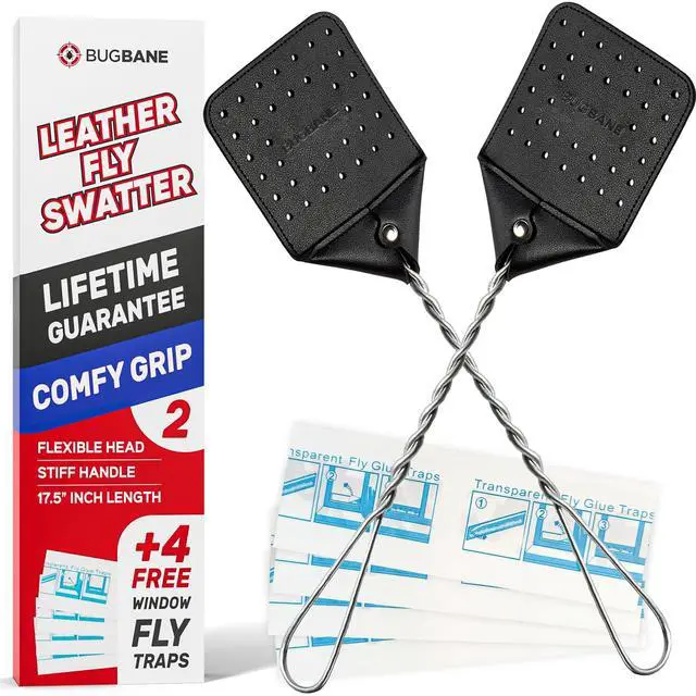 Main image of 2 Leather Fly Swatter for Indoors. Long Handle, Heavy Duty Fly Swatter Manual Multi Pack. Flyswatters Heavy Duty Flyswatter 2 pack. Flies Swater Includes 4 Sticky Window Bug Traps. Mata Moscas Outdoor