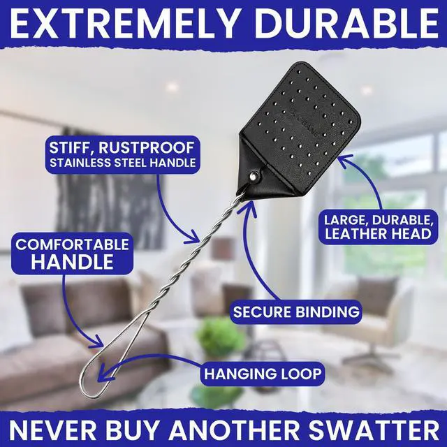 Alt view image 2 of 7 - 2 Leather Fly Swatter for Indoors. Long Handle, Heavy Duty Fly Swatter Manual Multi Pack. Flyswatters Heavy Duty Flyswatter 2 pack. Flies Swater Includes 4 Sticky Window Bug Traps. Mata Moscas Outdoor