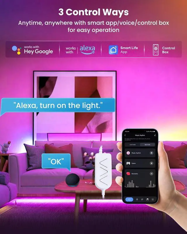 Alt view image 7 of 7 - 9.84ft RGB+IC LED Lights for 32-43 Inch TV, Backlight Strip Behind TV with Music Sync, Bluetooth APP and Voice Control, 44 Scene Modes, for Ambient Mood Lighting, Monitor Game, Bedroom, Living Room