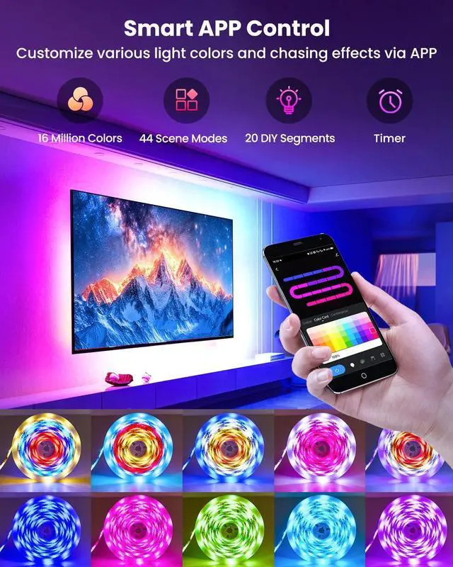 Alt view image 4 of 7 - 9.84ft RGB+IC LED Lights for 32-43 Inch TV, Backlight Strip Behind TV with Music Sync, Bluetooth APP and Voice Control, 44 Scene Modes, for Ambient Mood Lighting, Monitor Game, Bedroom, Living Room