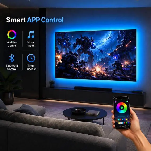 Alt view image 4 of 6 - LED Lights for TV, 16.4ft TV LED Backlight for 45-75 Inch TVs, Strip Lights with Music Sync, Bluetooth APP and Remote Control, USB Powered for Bedroom Gaming Home Decor