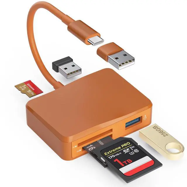 Main image of SD Card Reader, 5 in 1 USB-C & USB Card Adapter with SD/MicroSD/MS and Dual USB-A Ports Memory Card Reader for iPhone 17/16/15 Pro Max iPad MacBook Pro/Air M4/M3 Android Phone/Tablet PC (Terracotta)