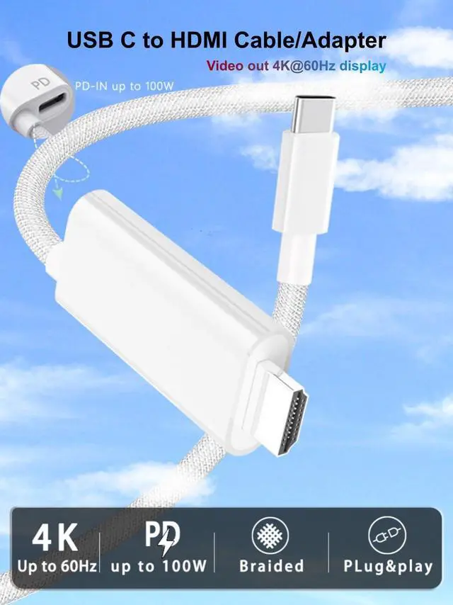 Alt view image 2 of 7 - USB C to HDMI Cable 4K 60Hz, Type C to HDMI Cord 6.6FT, USB-C HDMI Cable for iPhone 17/16/15, Compatible with Thunderbolt 3/4, MacBook Pro/Air, iPad Pro (White(USB C to HDMI with PD))