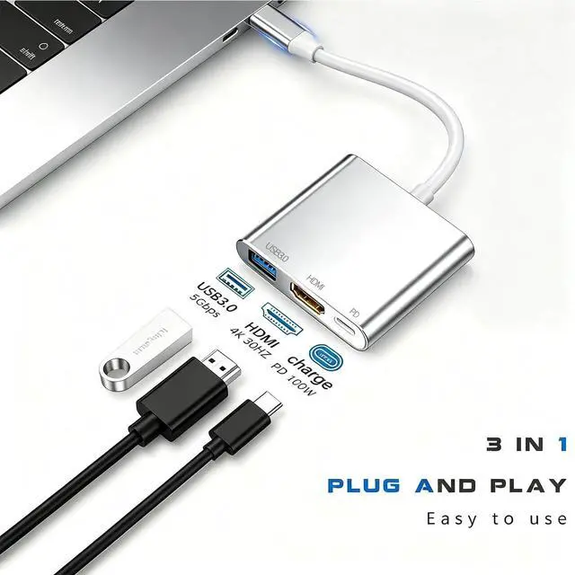 Alt view image 2 of 7 - USB-C to HDMI Adapter (Supports 4K / 30Hz) - Type- C 3 in 1 Converter Cable for 2017/2018 MacBook Pro, MacBook, Mac Pro, iMac, Chromebook, & More USB 3.0 Type-C Devices