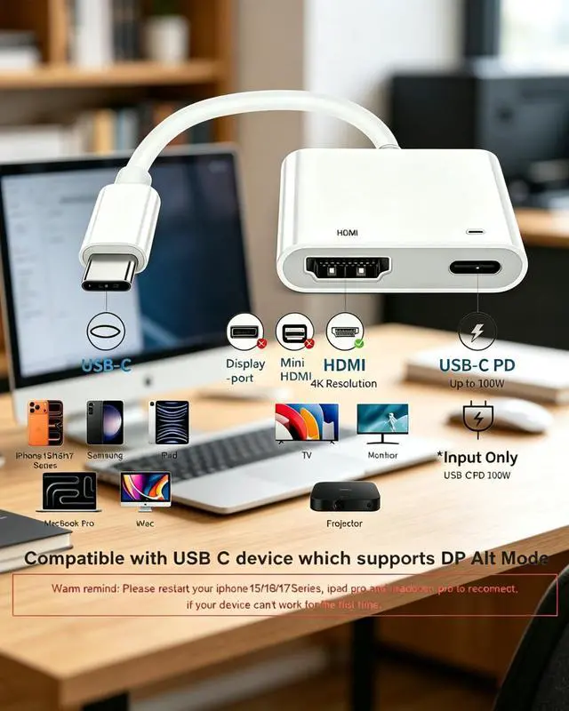 Alt view image 3 of 6 - USB C to Hdmi Adapter for iPhone 4K@60Hz Type C to Hdmi Adapter 100W Charging Compatible for iPhone 17/16/15 Series MacBook ipad Pro to HDTV Projector Monitor No Power Needed Plug and Play