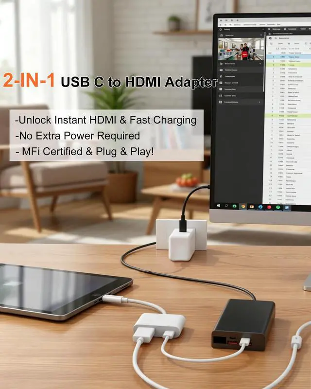 Alt view image 2 of 6 - USB C to Hdmi Adapter for iPhone 4K@60Hz Type C to Hdmi Adapter 100W Charging Compatible for iPhone 17/16/15 Series MacBook ipad Pro to HDTV Projector Monitor No Power Needed Plug and Play