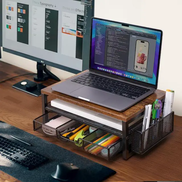 Alt view image 4 of 7 - Monitor Riser with Drawers and Pen Holders, Wood & Mesh Metal Computer Monitor Stand with Storage for Desk, Rustic Brown