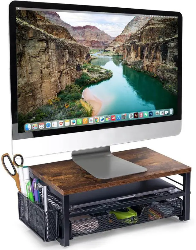 Main image of Monitor Riser with Drawers and Pen Holders, Wood & Mesh Metal Computer Monitor Stand with Storage for Desk, Rustic Brown